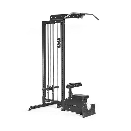 The Bells of Steel Lat Pulldown Low Row Machine is a versatile black cable machine with adjustable pulleys, lat pulldown, seated row bench, and pull-up bar. Made from sturdy metal with visible cables and plates, it's perfect for comprehensive strength training in a home gym.