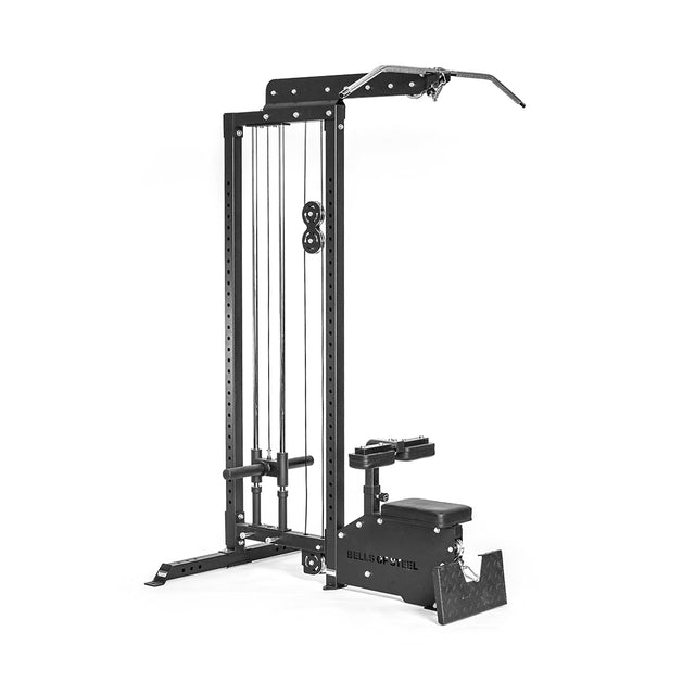 The Bells of Steel Lat Pulldown Low Row Machine is a versatile black cable machine with adjustable pulleys, lat pulldown, seated row bench, and pull-up bar. Made from sturdy metal with visible cables and plates, it's perfect for comprehensive strength training in a home gym.