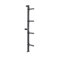 The Bells of Steel Wall-Mounted Plate Storage Rack is a black, vertical rack with four horizontal pegs, designed to optimize home gym storage by securely mounting weight plates on the wall.