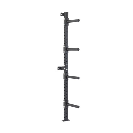 The Bells of Steel Wall-Mounted Plate Storage Rack is a black, vertical rack with four horizontal pegs, designed to optimize home gym storage by securely mounting weight plates on the wall.