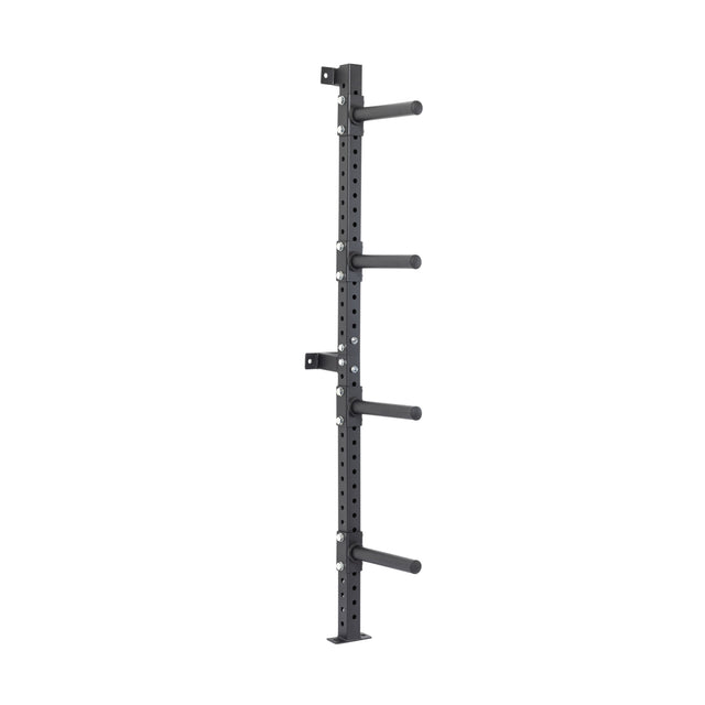 The Bells of Steel Wall-Mounted Plate Storage Rack is a black, vertical rack with four horizontal pegs, designed to optimize home gym storage by securely mounting weight plates on the wall.