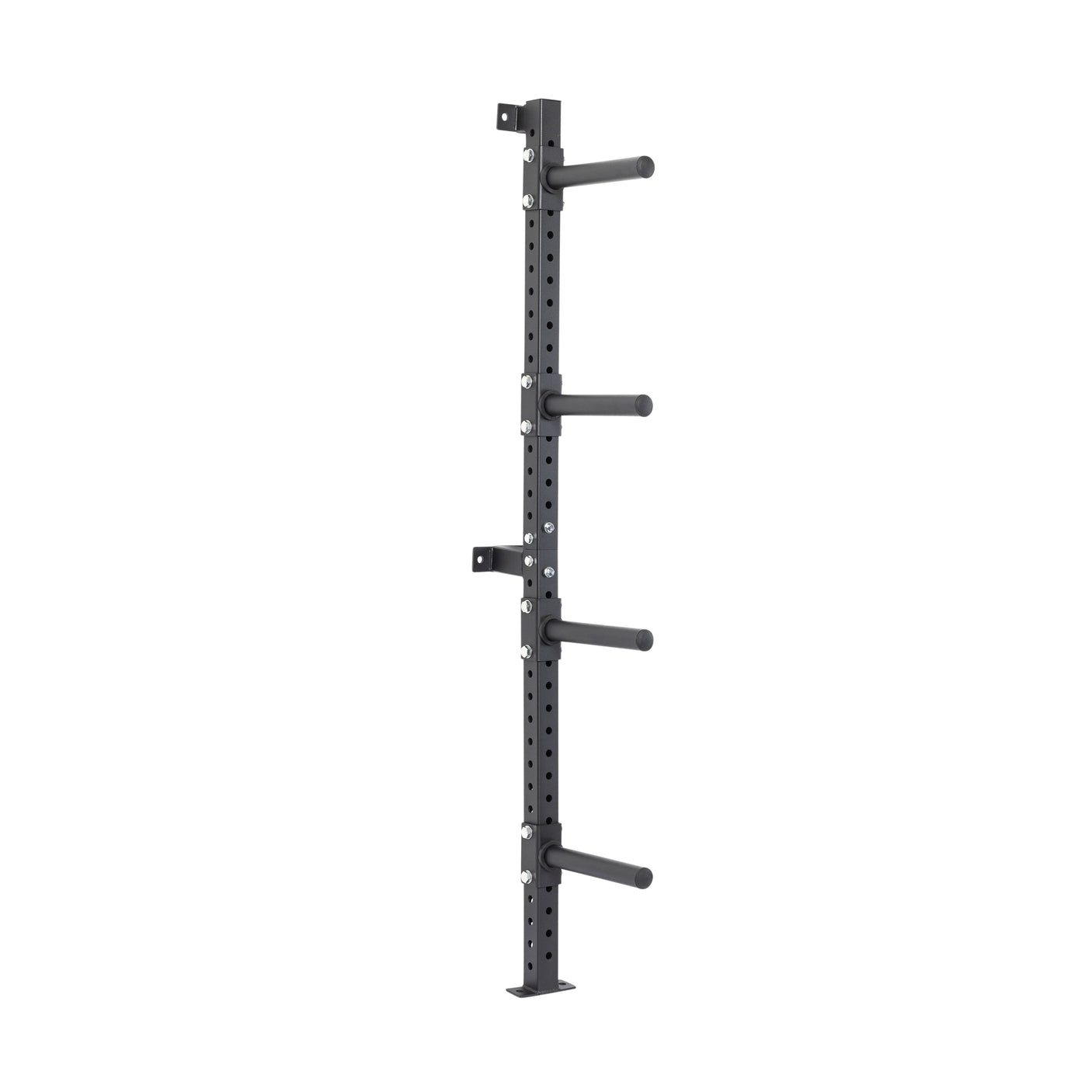 The Bells of Steel Wall-Mounted Plate Storage Rack is a black, vertical rack with four horizontal pegs, designed to optimize home gym storage by securely mounting weight plates on the wall.