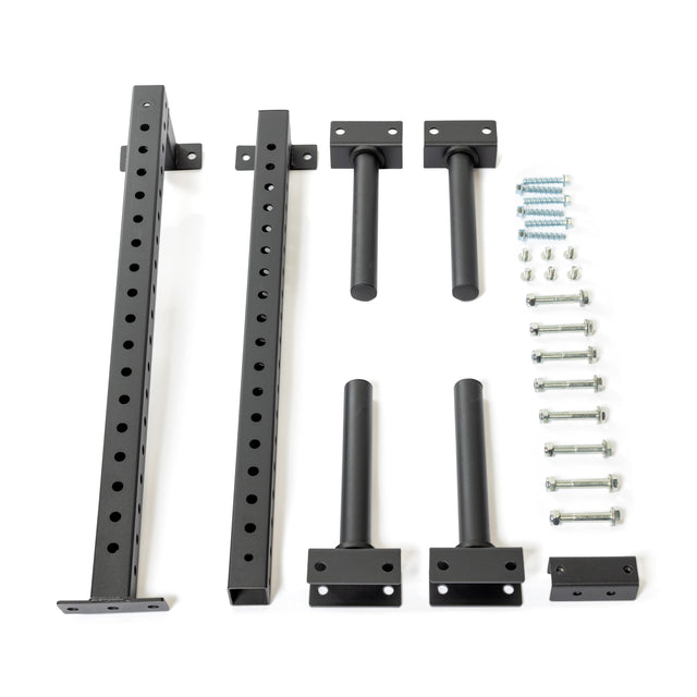 A set of black metal brackets, rods, and hardware from Bells of Steel—designed for assembling the Wall-Mounted Plate Storage Rack—neatly arranged on a white background.