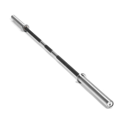 The Bells of Steel Powerlifting Bar, featuring a knurled black grip center and silver ends, meets IPF specs and is shown diagonally on a white background.