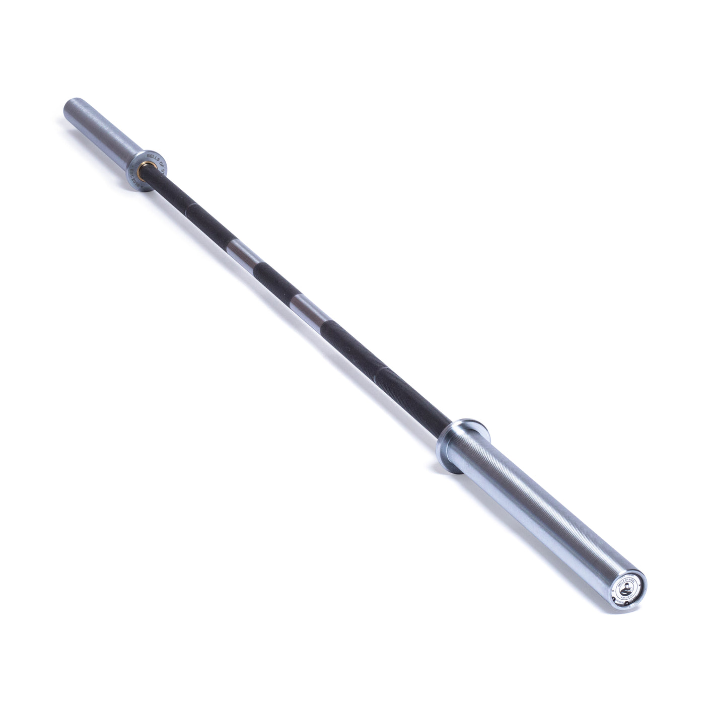 The Bells of Steel Powerlifting Bar features a silver finish, black center grip, and thick silver collars on both ends, making it an excellent budget power bar for serious lifts.