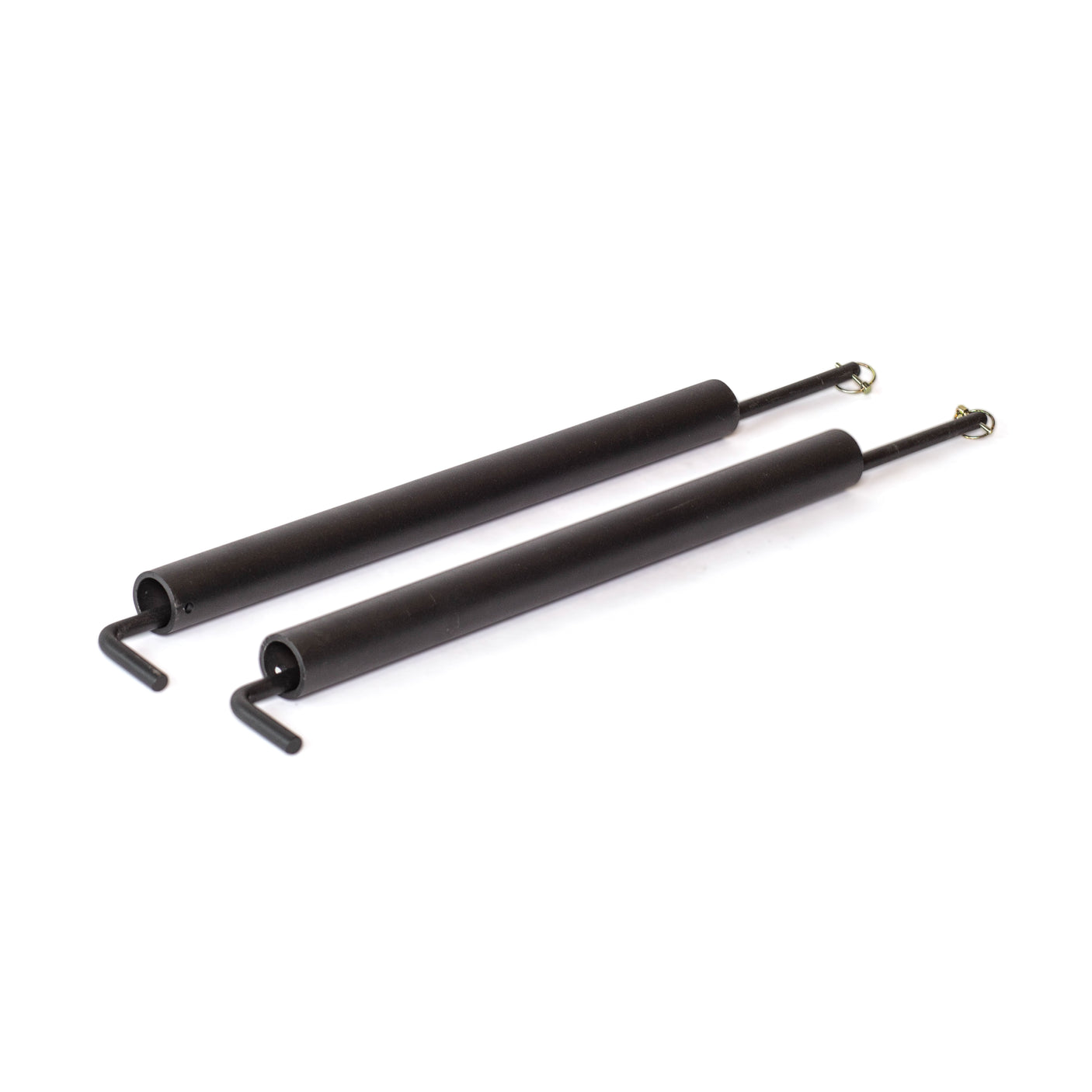Two black metal tension springs from Bells of Steel, featuring hooks on one end and eyelets on the other, are displayed parallel on a white background—perfect for use with Pin Pipe Safeties in your power rack setup.