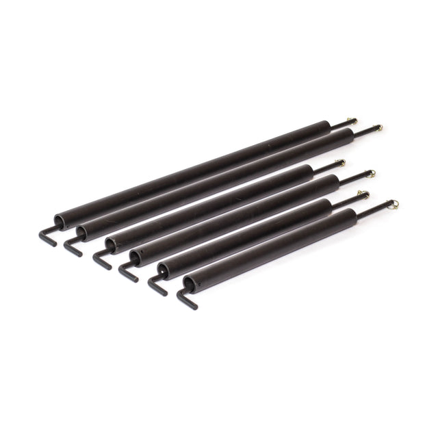 Six identical black metal extension springs by Bells of Steel, with hooks on one end and eyelets on the other, fanned out—ideal for use with Pin Pipe Safeties on your power rack.