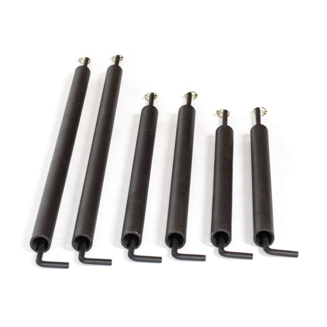 Six black metal torsion springs, each with a hook and metal fitting, arranged in a row on white—perfect for use with Bells of Steel Pin Pipe Safeties to enhance your power rack’s protection.