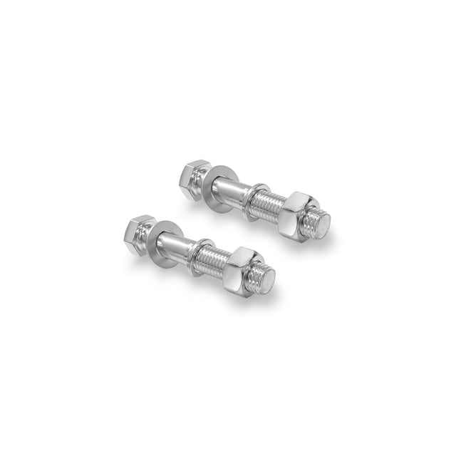 Two shiny silver bolts with washers and nuts from the Bells of Steel Manticore Hardware kit are aligned parallel on a white background. These new bolts have hexagonal heads and threaded bodies, ideal for assembly instructions.