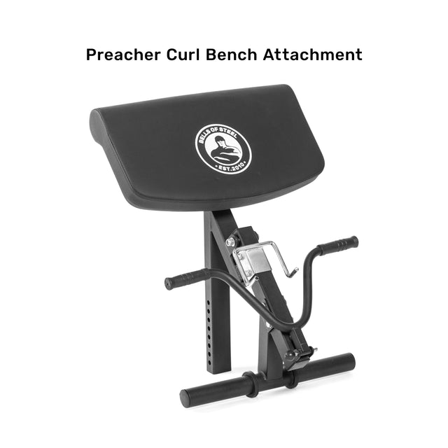 The Bells of Steel Bench Attachments Preacher Curl features a black padded armrest, adjustable metal frame, and handlebars. Compatible with Buzzsaw Bench and other attachments. Shown on white with "Preacher Curl Bench Attachment" text above.