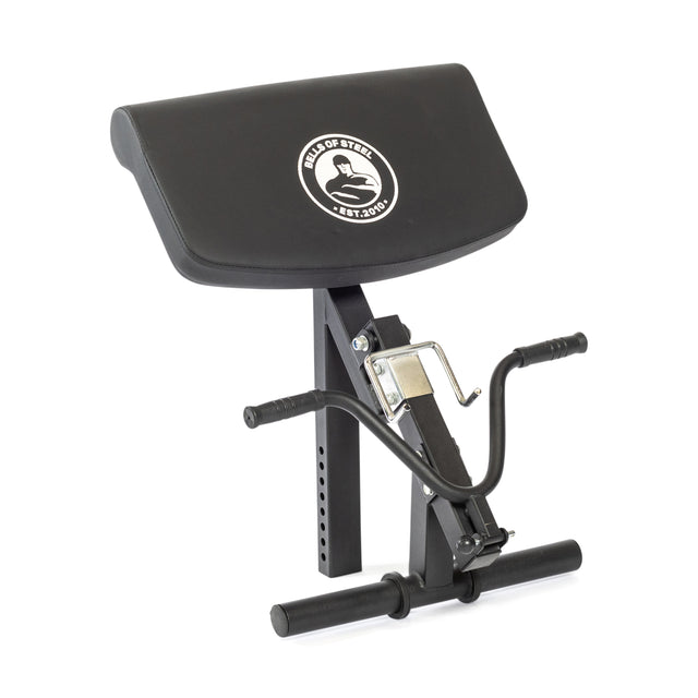 A black adjustable preacher curl bench by Bells of Steel with padded arm support, handlebars, and “Haus of Steel” logo. Ideal for arm workouts and compatible with Bench Attachments like a leg extension/curl attachment.