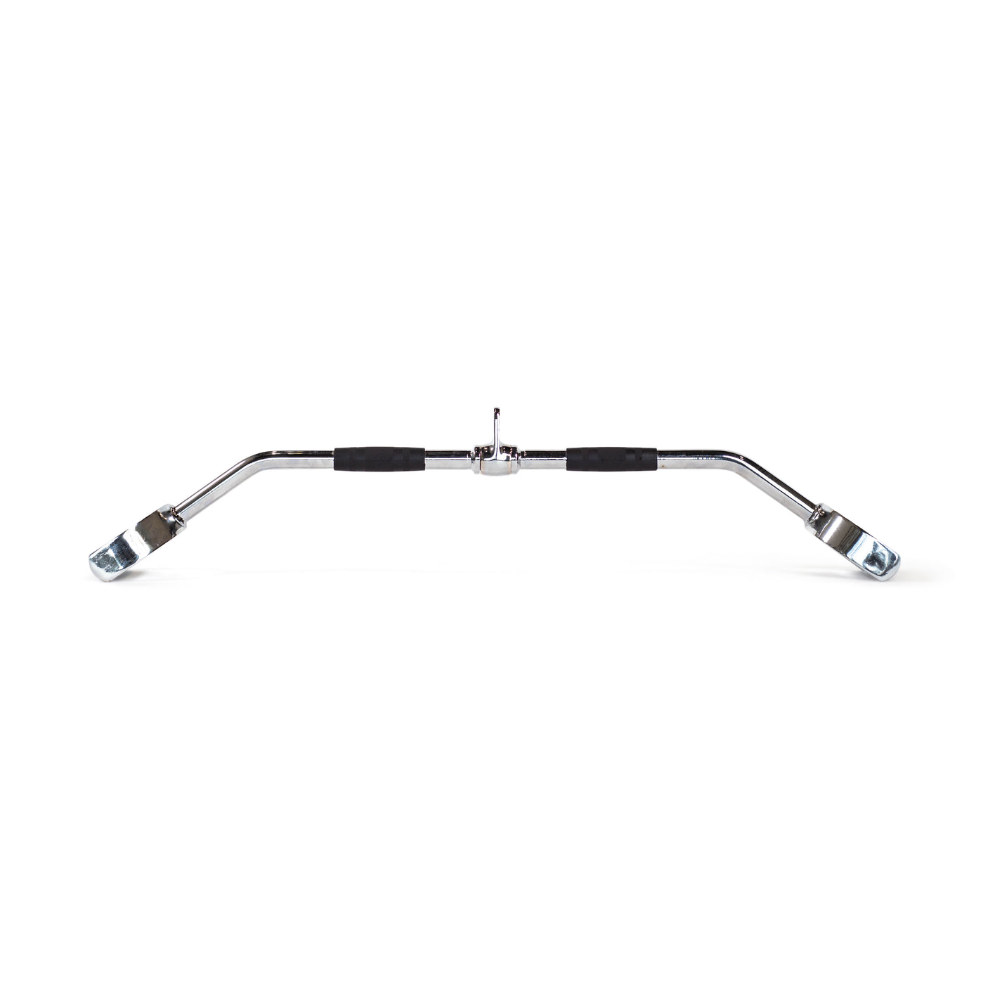 The Bells of Steel Pro-Style Lat Bar Cable Attachment, 38 inches long with angled ends and black rubber grips, is chrome-plated and designed for cable machines; shown photographed against a white background.