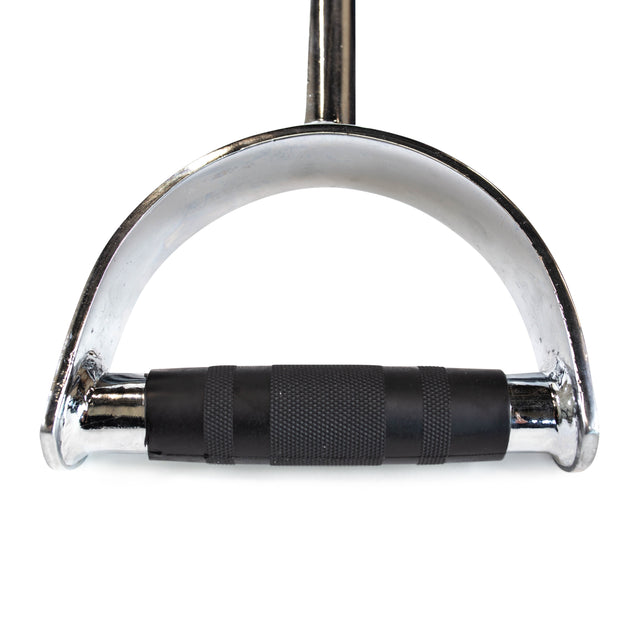 A close-up of the Bells of Steel Pro-Style Lat Bar Cable Attachment, 38 inches long, featuring chrome finish and textured rubberized grips, designed for cable machines and photographed against a white background.