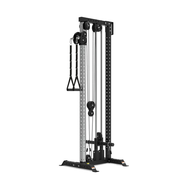 The Bells of Steel Cable Tower sports a sleek black and silver design with a weight stack and adjustable handles. Its frame includes multiple holes for customized height settings, perfect for diverse strength training exercises.