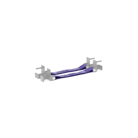 The Bells of Steel Safety Straps for Hydra & Manticore Racks feature a short braided purple rope secured with bolts between two angular silver metal brackets, providing added protection on your power rack.