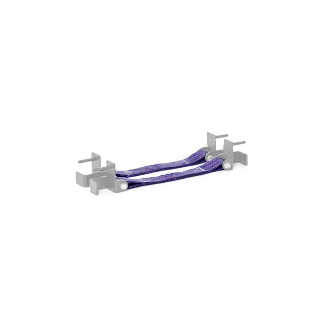The Bells of Steel Safety Straps for Hydra & Manticore Racks are shown mounted between two gray support brackets on a power rack, featuring a purple braided cable with metal connectors, all set against a white background.