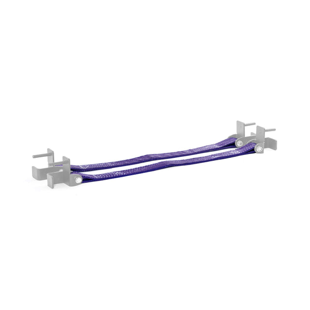 The Bells of Steel Safety Straps for Hydra & Manticore Racks are rugged purple lifting slings with metal hooks and brackets at both ends, designed for securing heavy loads and enhanced safety. Shown laid out straight on a white background.