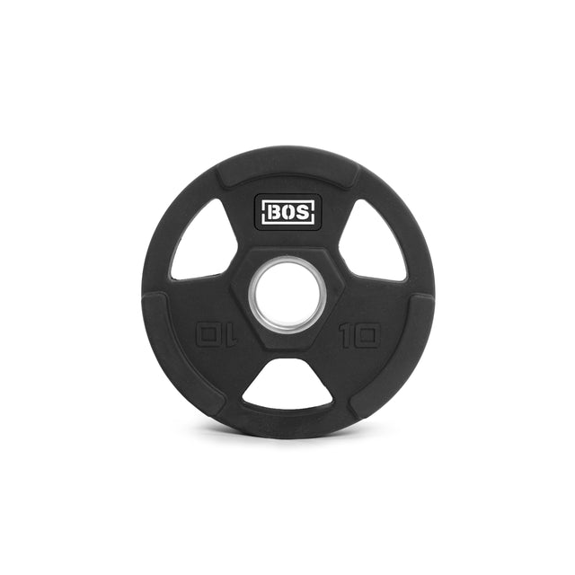 A Bells of Steel black Rubber Coated Iron Weight Plate with three grip holes features "BOS" and "10" inscribed twice, designed for a barbell with a central hole, and boasts a durable virgin rubber coating for longevity.