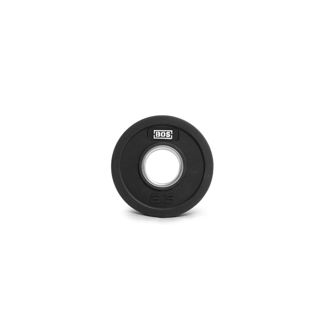 A black, round BES Rubber Coated Iron Weight Plate with a metallic center hole is showcased on a white background. The plate is labeled "2.5," features the "BOS" logo, and is coated with virgin rubber for improved durability and grip.