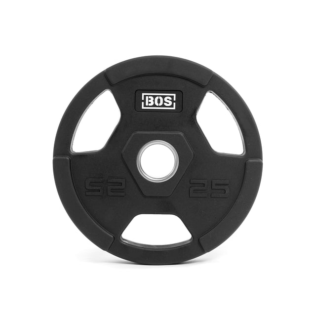 The Rubber Coated Iron Weight Plate by Bells of Steel is black with a hexagonal inner ring, "25" engraved on it, ergonomic cutouts for handling, and the "BOS" logo prominently displayed.