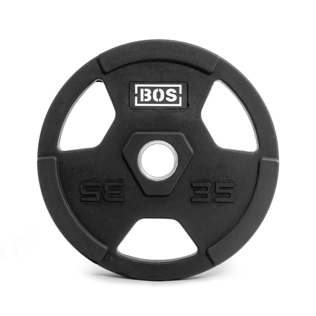 A 35-pound Rubber Coated Iron Weight Plate by Bells of Steel features a hexagonal center opening. It has "BOS" and "35 SE" marks, and offers durability with its virgin rubber coating.