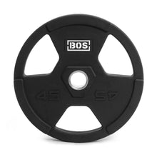 A durable black 45-pound Rubber Coated Iron Weight Plate from Bells of Steel, featuring handle cutouts, a central hole, stainless steel hubs, a white "BOS" logo, and raised "45" numbers.