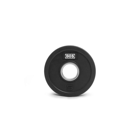 A Bells of Steel black weight plate with a central hole features a "5" and the "BOS" logo. Made from Rubber Coated Iron Weight Plates, its durable virgin rubber coating ensures longevity and grip.