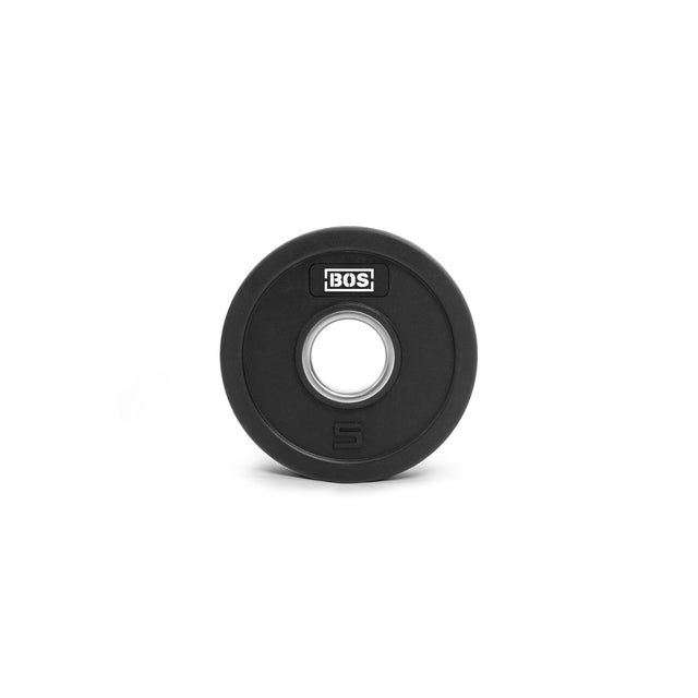 A Bells of Steel black weight plate with a central hole features a "5" and the "BOS" logo. Made from Rubber Coated Iron Weight Plates, its durable virgin rubber coating ensures longevity and grip.
