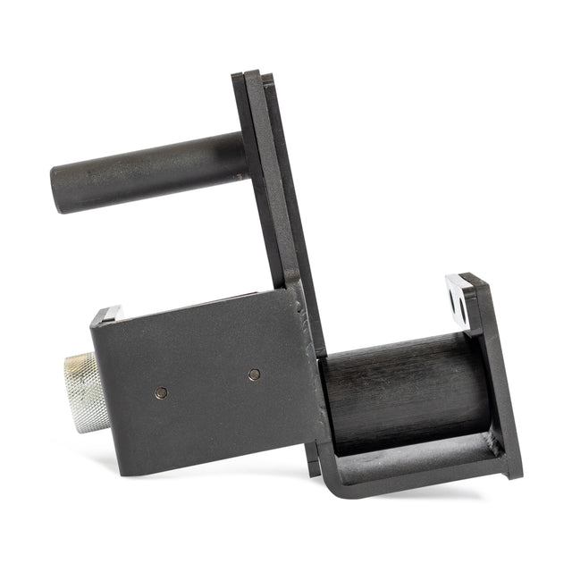 The Bells of Steel Roller J-Cups feature a black metal build with a cylindrical section, nylon rollers, horizontal handle, and rectangular mounting bracket. Shown on a white background. Perfect for bench presses.