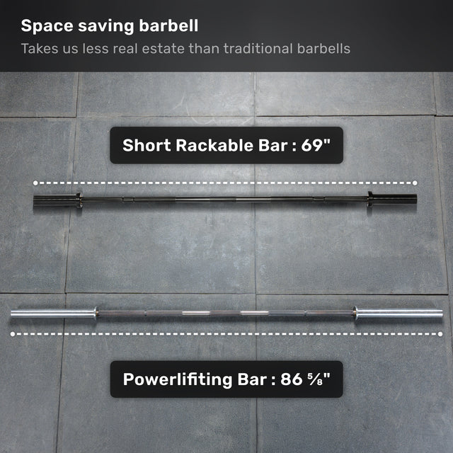 Two barbells rest on a gray tiled floor. On top is the Bells of Steel Short Rackable Barbell—compact and space-saving, ideal for home gyms. Below sits a longer powerlifting bar. Text above reads: "Space saving barbell.