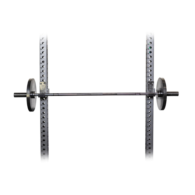 A Short Rackable Barbell by Bells of Steel sits on a power rack, perfect for a home gym. The metallic rack's evenly spaced holes allow height adjustment, highlighting the barbell's simplicity and functionality against the white background.