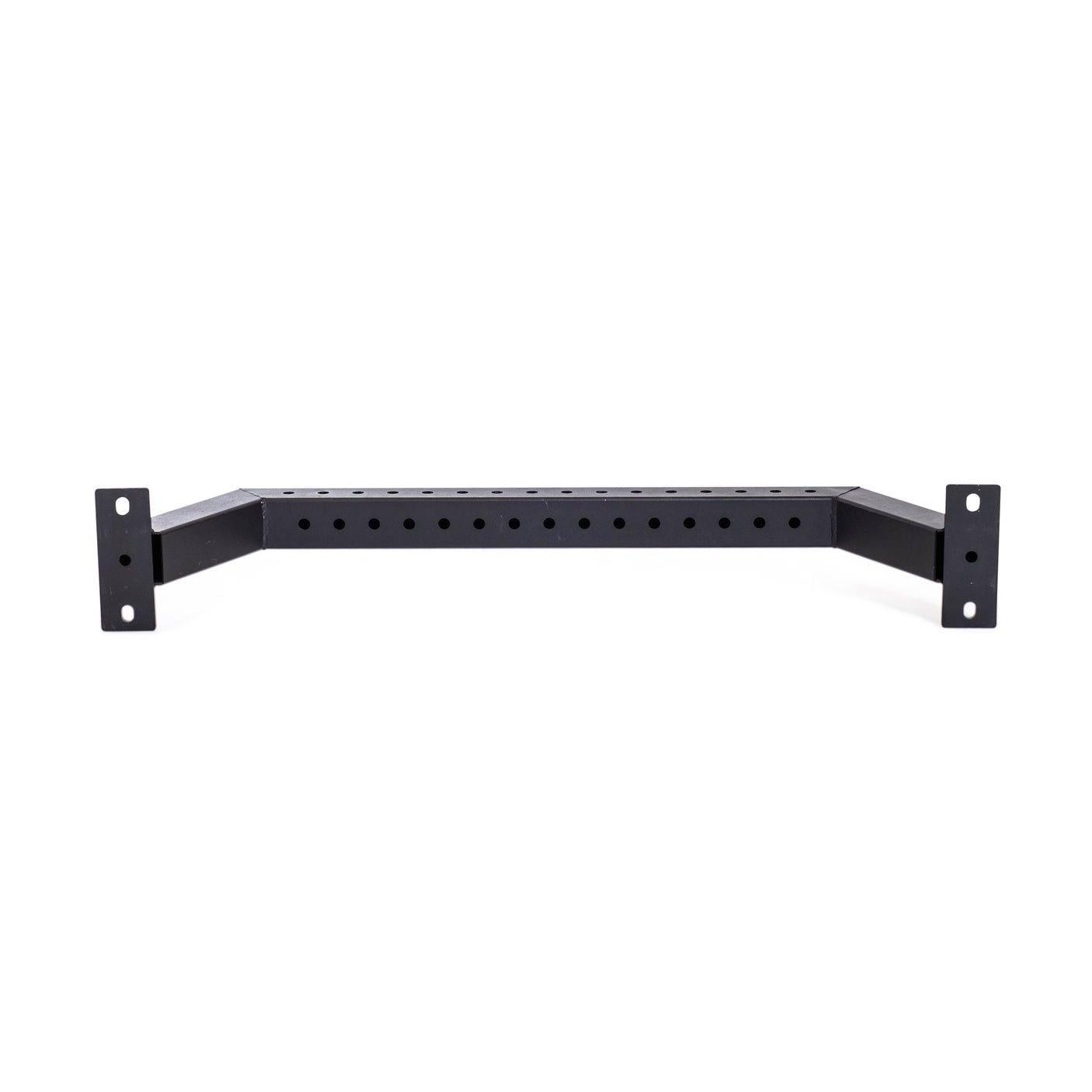 The Bells of Steel Rear Base Stabilizer is a black metal bracket with a central perforated bar for 3x3 power rack uprights. Each end has mounting plates with four screw holes, shown against a white background.