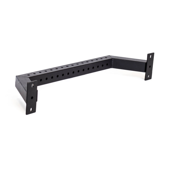 The Bells of Steel Rear Base Stabilizer is a black metal bracket with two mounting plates and a horizontal bar with evenly spaced holes, designed for 3x3 power rack uprights. Shown against a white background.