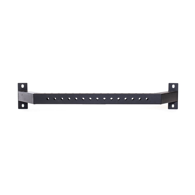 The Bells of Steel Rear Base Stabilizer is a black metal bracket with two angled arms and multiple circular holes along the center bar, designed for mounting on wall or 3x3 power rack uprights, shown against a white background.