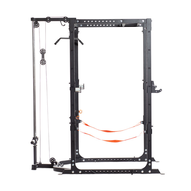 The Bells of Steel Residential Power Rack (2.3" x 2.3", ⅝" holes) in black metal features j-cups, a cable pulley system, and two orange resistance bands—ideal for weightlifting and strength training at home.