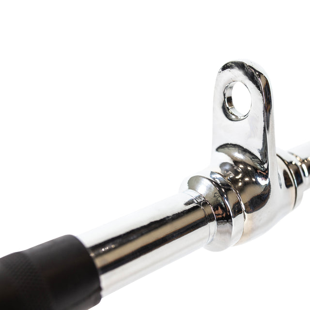 Close-up of the Bells of Steel Straight Bar Cable Attachment (20") featuring a shiny chrome finish, black grip, and mounting bracket with a circular hole, set against a white background.