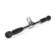 The Bells of Steel Straight Bar Cable Attachment (20") features a chrome finish, black rubber grips, and a central metal loop for connecting to gym equipment. It is shown on a white background.