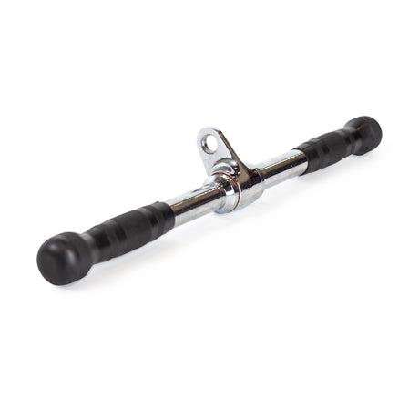 The Bells of Steel Straight Bar Cable Attachment (20") features a chrome finish, black rubber grips, and a central metal loop for connecting to gym equipment. It is shown on a white background.