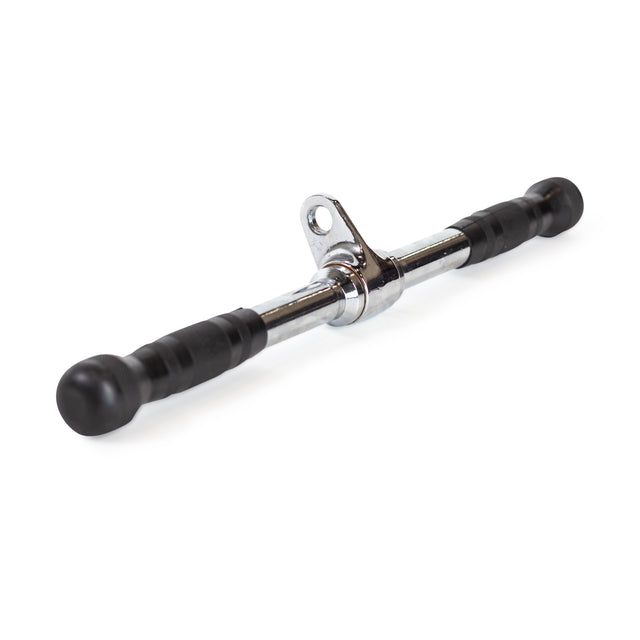 The Bells of Steel Straight Bar Cable Attachment (20") features a chrome finish, black rubber grips, and a central metal loop for connecting to gym equipment. It is shown on a white background.