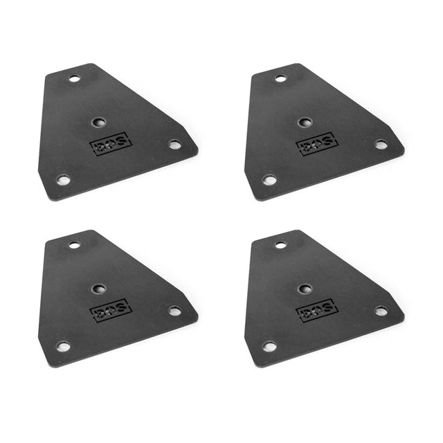Four Hydra Flat Foot Components, triangular black metal brackets with rounded corners and a logo, designed for Hydra power racks by Bells of Steel. Each bracket has three mounting holes and is set against a plain white background.