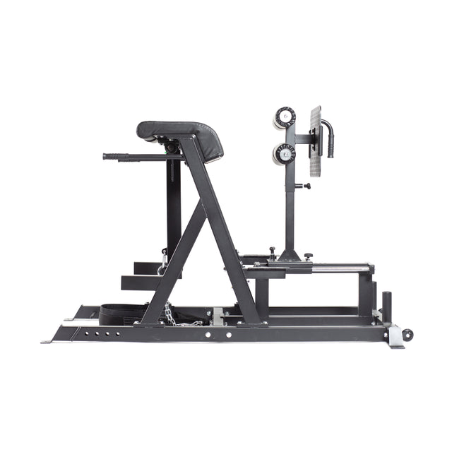Side view of the Bells of Steel Reverse Hammer 2 In 1 GHD And Reverse Back Extension featuring black padded support, a metal frame, adjustable foot holders, and a flat base. Ideal for targeting the posterior chain during leg and core workouts.