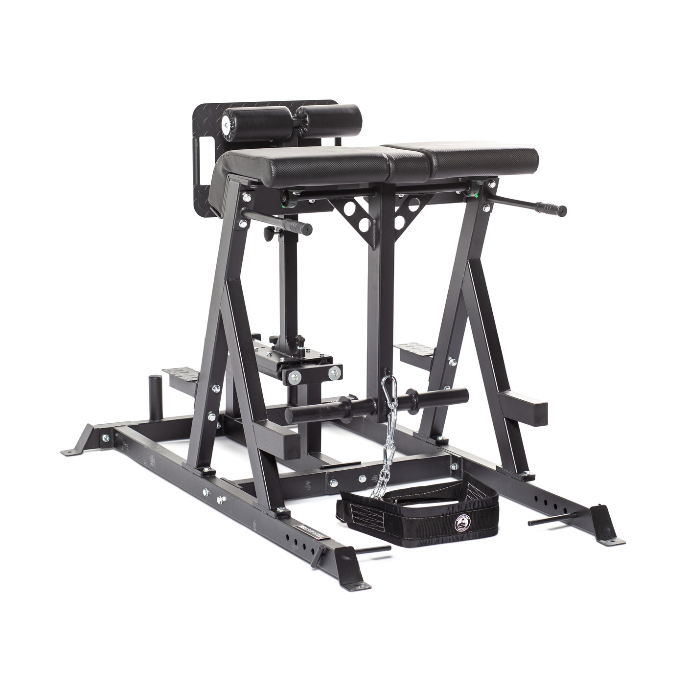 The Bells of Steel Reverse Hammer 2 In 1 GHD and Reverse Back Extension is a black and gray machine with cushioned pads, adjustable parts, side metal handles, and a footplate, designed for targeting the posterior chain, such as glutes, hamstrings, and lower back muscles.