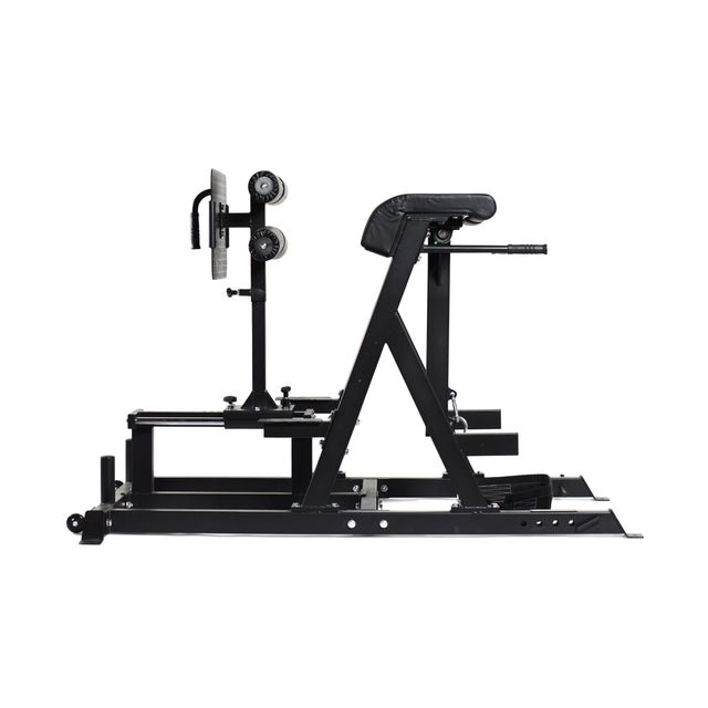 Side view of the Bells of Steel Reverse Hammer 2 In 1 GHD and Reverse Back Extension, a black gym machine with padded thigh support, foot holds, and a sturdy metal frame—ideal for strengthening exercises targeting the posterior chain, including lower back, glutes, and hamstrings.
