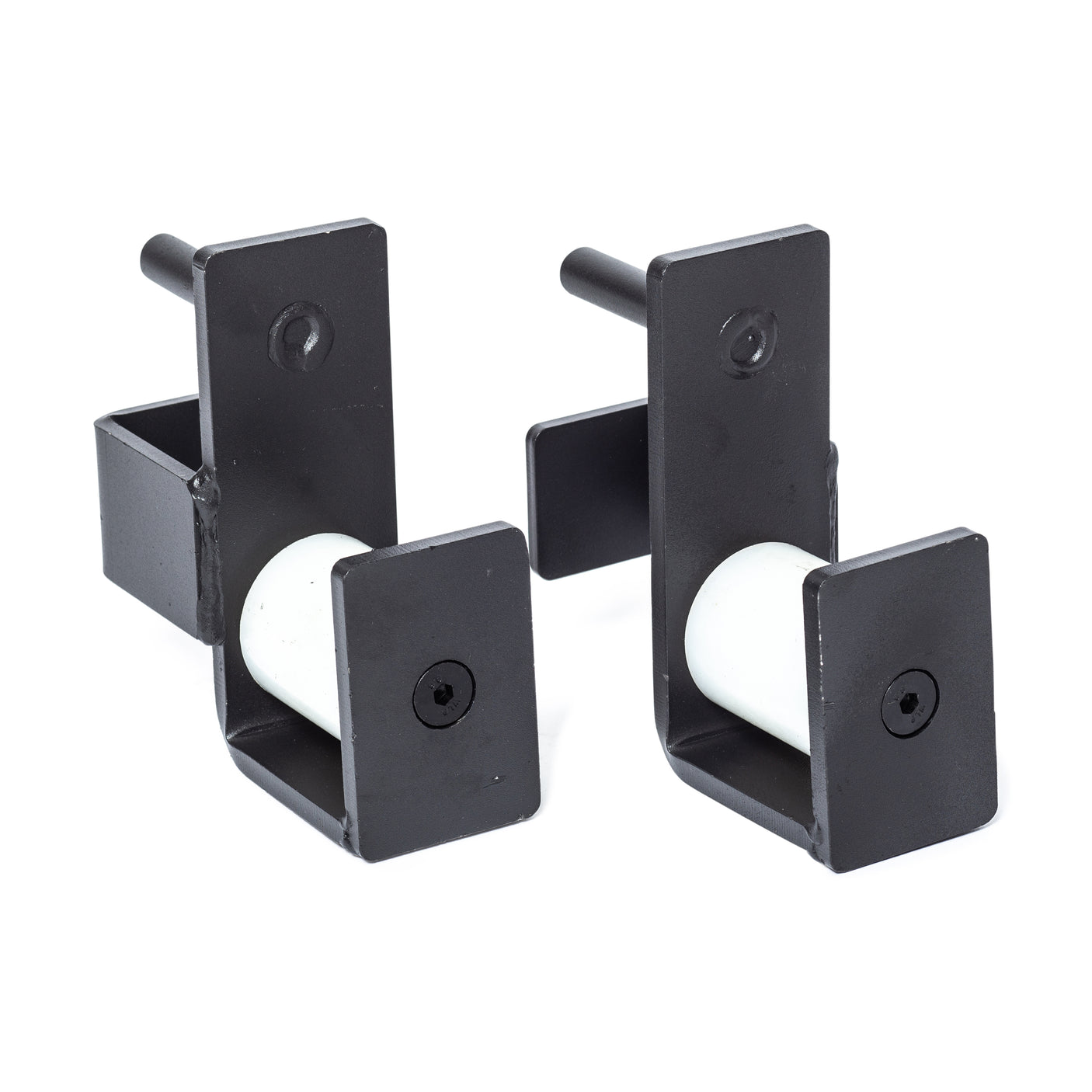 The Bells of Steel Roller J-Cups are two black metal attachments with white nylon rollers, square mounting plates, and center screws, designed to support or guide weights during bench press or lifting activities.