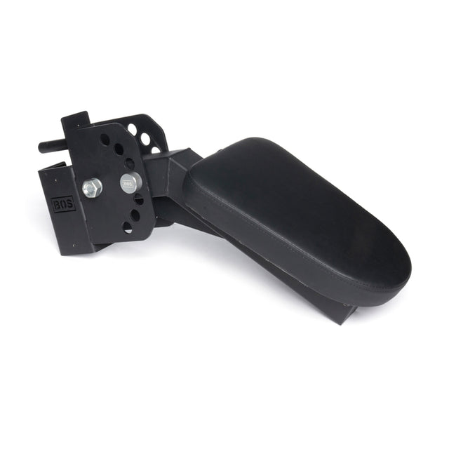 The Bells of Steel Seal Row Pad Rack Attachment is a black adjustable armrest with a mounting bracket, multiple customization holes, and a padded top for comfort, ideal as a chest support rack accessory and shown against a white background.