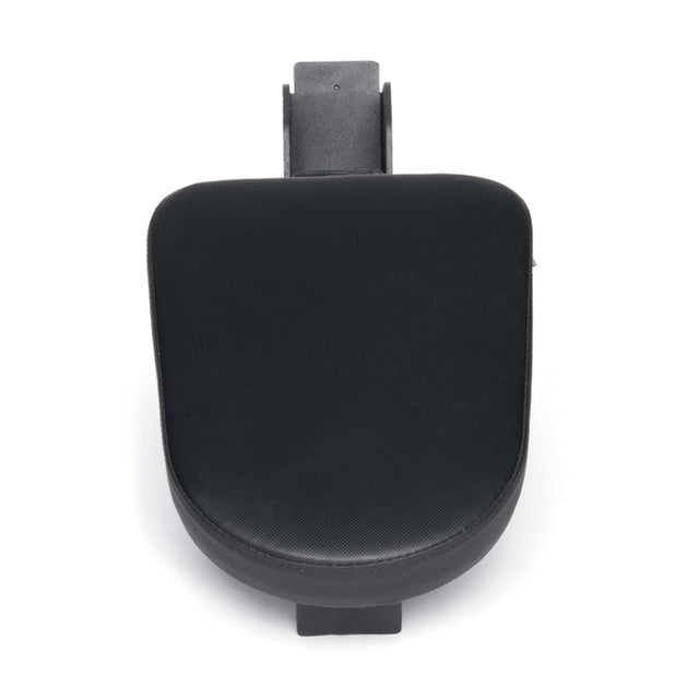 Black car armrest viewed from above, featuring a rectangular, padded surface with rounded edges and mounts—similar to the Bells of Steel Seal Row Pad Rack Attachment, designed as a power rack accessory.