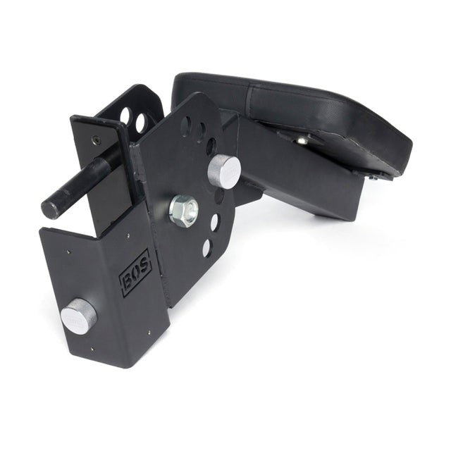 The Bells of Steel Seal Row Pad Rack Attachment is a black adjustable metal chest support with cushioned padding for exercise equipment, featuring the BOS logo on one side.