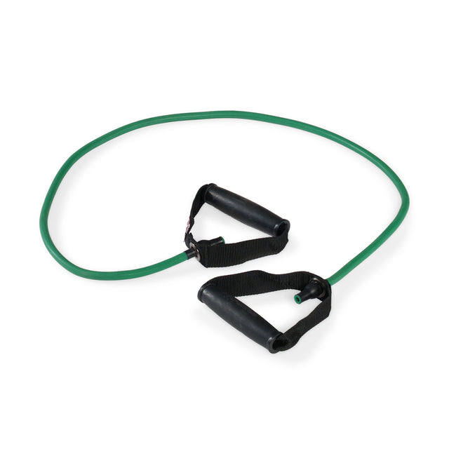 A Bells of Steel USA Human Trainer - Ripcords resistance band, green with black rubber handles on each end, arranged in a loose curve on a white background.