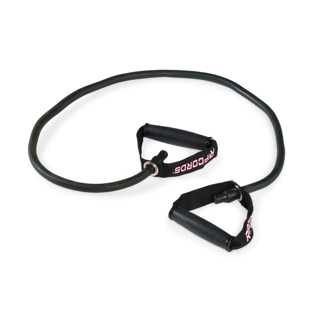 A black Human Trainer - Ripcords resistance exercise band by Bells of Steel USA, featuring durable rubber handles on each end, is laid out in a loose loop on a white background.