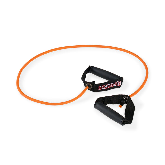 A Bells of Steel USA Human Trainer - Ripcords orange resistance band with black rubber handles, labeled “PROCORDS,” is coiled on a white background—ideal for use with or without a door anchor.